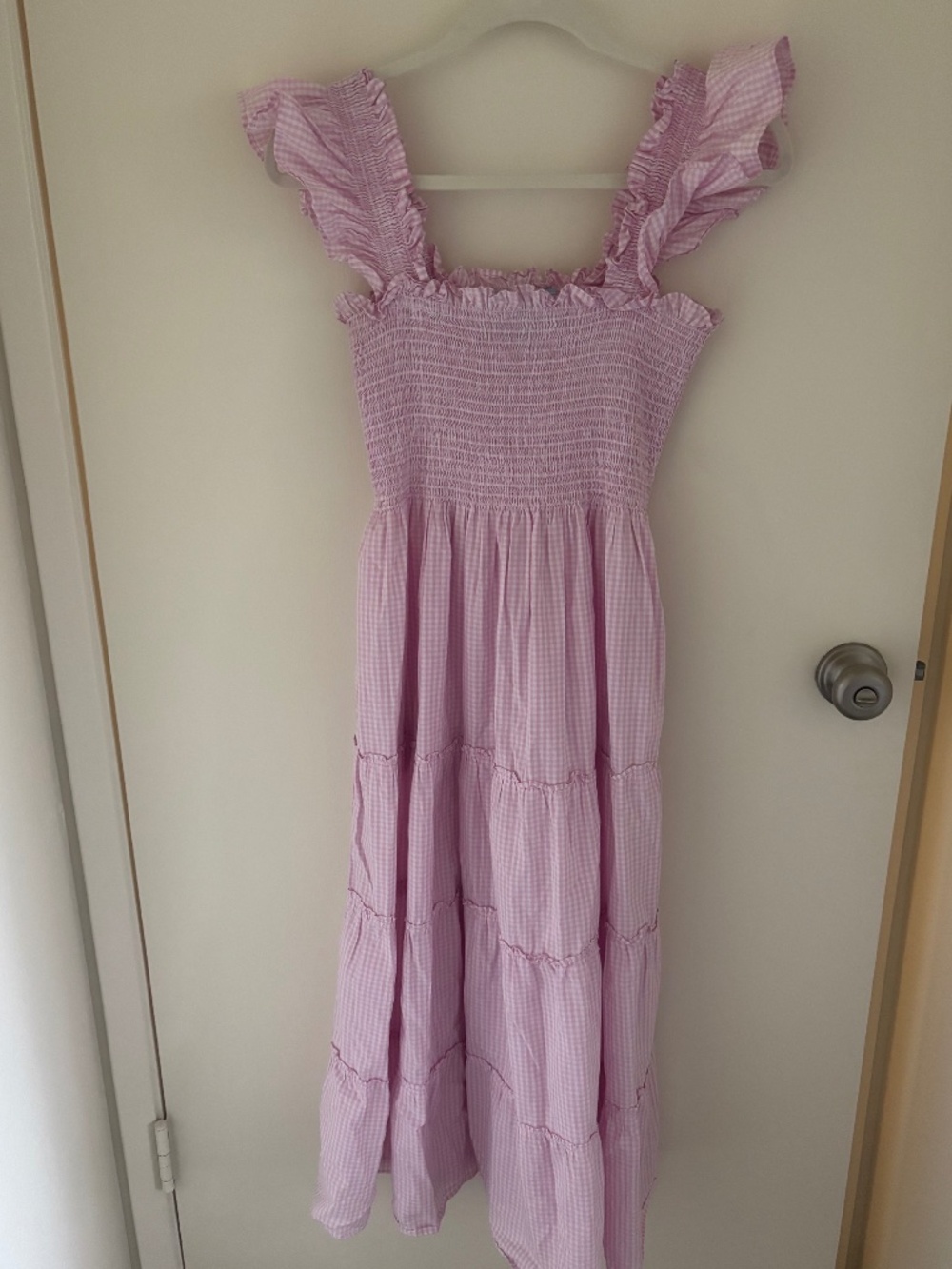 Lavender Gingham Midi Dress with Ruffle Straps